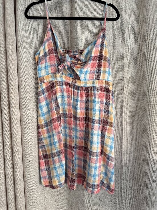 Old Navy Dresses & Skirts - Old Navy Plaid Tie-Front Linen Blend Mini Dress Smocked Back Size L